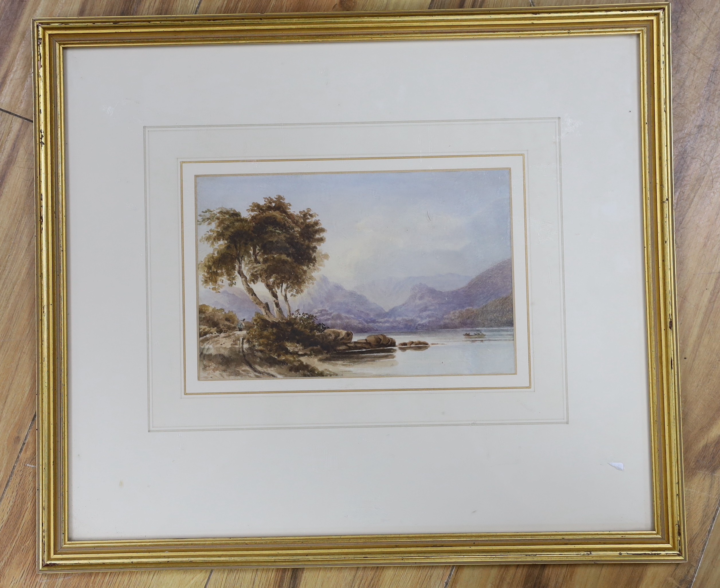 Attributed to John Varley (1778-1842), watercolour, Lake scene, 14.5 x 22.5cm